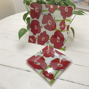 Set of 2 Poppies Garden Printed Decorative Glass Plates Platters Trinket Trays
